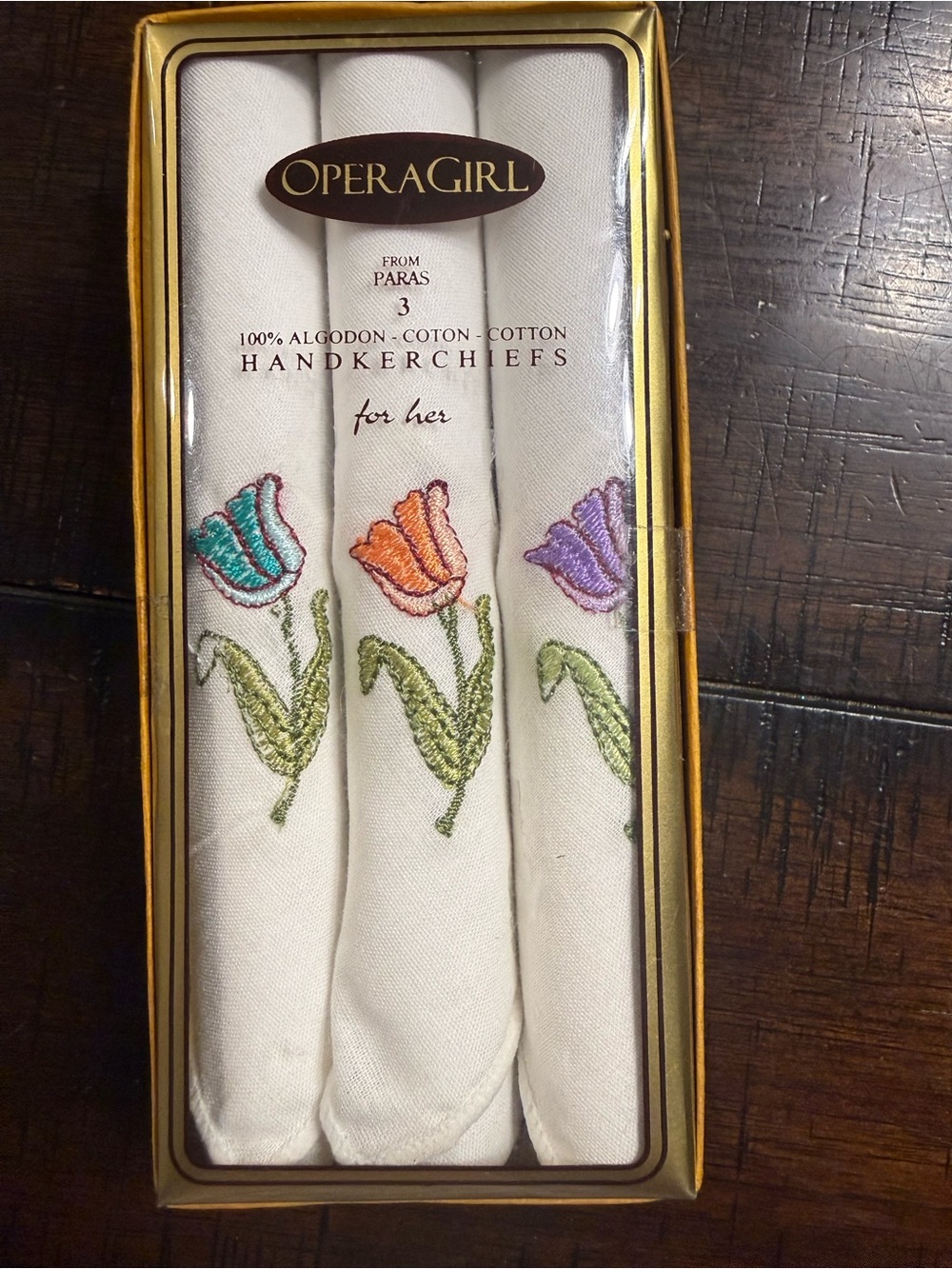 White Cotton Handkerchiefs with Blue, Orange & Purple Tulip Embroidery
